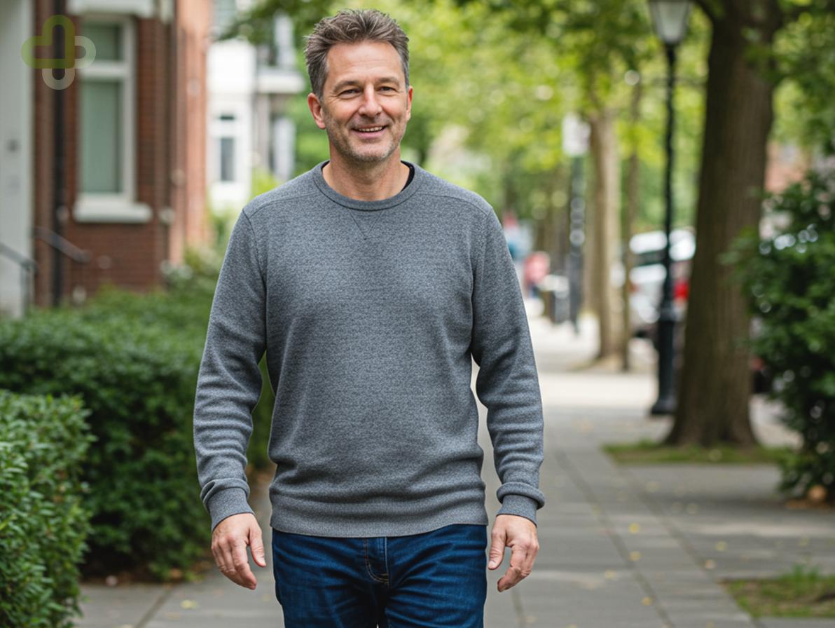 Мужчина с улыбкой идет по улице